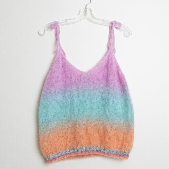 Rose Carmine Handknit Mohair Wool Blend Ombré Tank Top Pastel Rainbow Size 1 - Picture 3 of 12